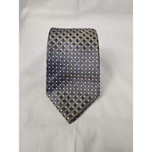 100% Silk Tie Van Heusen Green W/Blue Diamonds & Silver Squares 58" Long 3.75" W